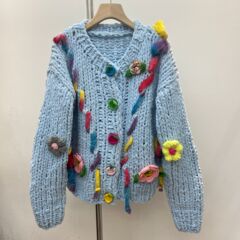 秋冬新款立体花朵长袖加厚粗针针织开衫慵懒风宽松毛衣外套潮2025