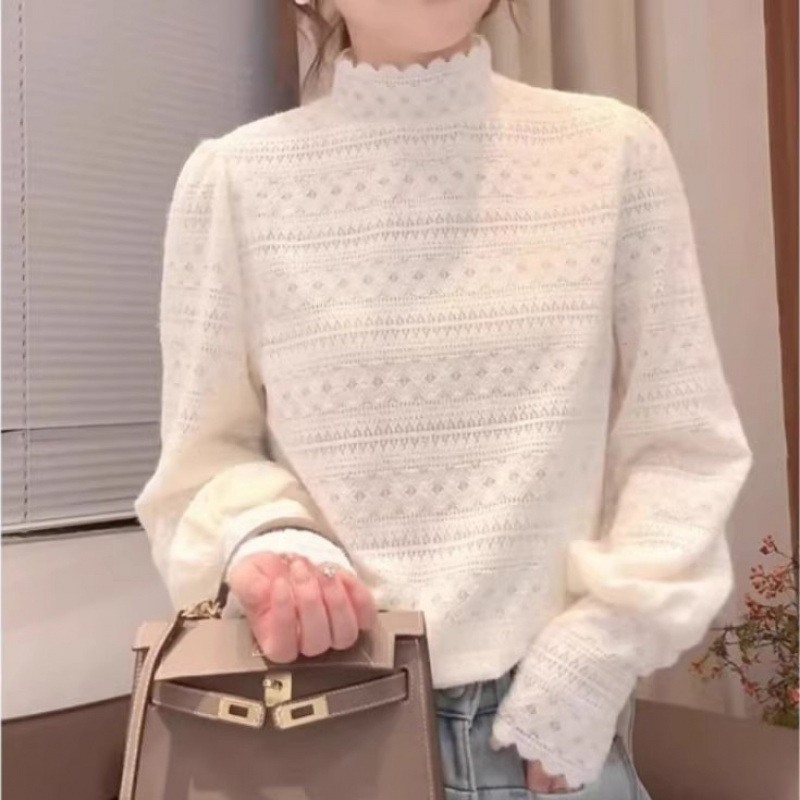 4526设计感磨毛蕾丝边打底衫T恤女秋冬高级感法式钩花半高领长袖|undefined
