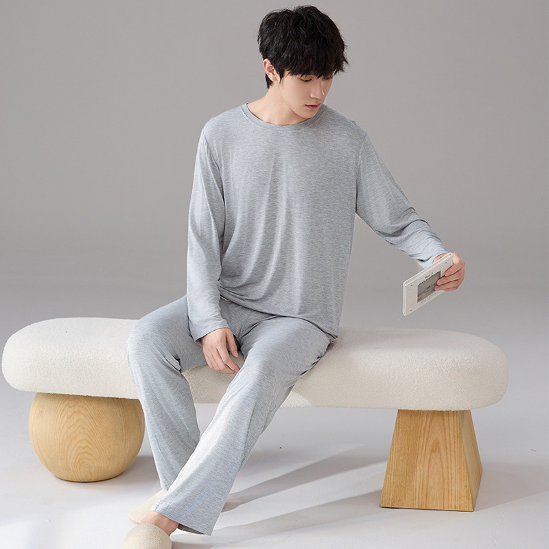 Pijamas modales para hombres primavera y otoño pantalones largos de mangas largas sueltos de tamaño grande verano para hombres simple set de ropa de casa gris