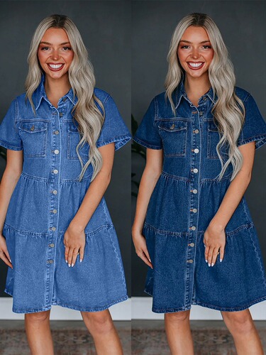 Summer European and American Independent Website Short-Sleeved Lapel Casual Style Women's Denim Dress 16809