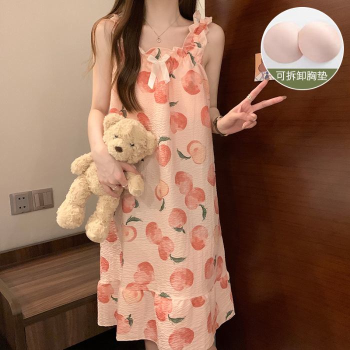 Camisón de verano las mujeres desmontable dulce Sling estudiante pijamas tejido burbuja algodón vestido desgaste en el hogar con el cojín del pecho