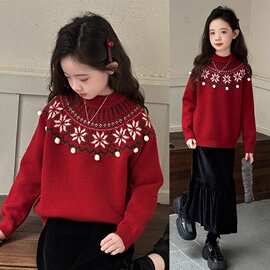 拜年服女童毛衣秋冬季儿童喜庆新年装针织内搭宝宝冬装红色毛线衣