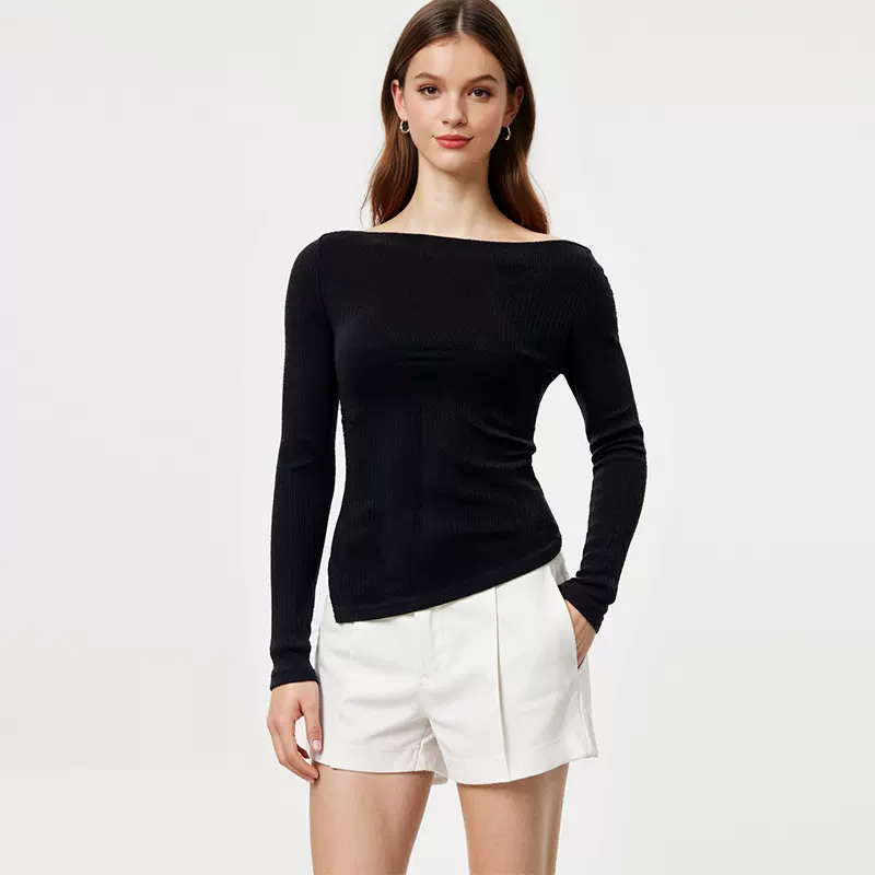 瑞逅跨境外贸欧美风气质针织衫2025秋季新款灰色斜肩长袖上衣女装