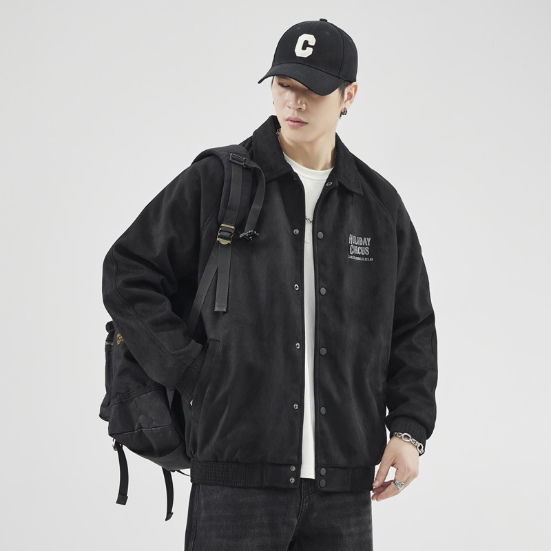 Veste de baseball à revers en fourrure de cerf vert gris pour hommes, ample, tendance automne et hiver, 380 g, américaine_voghion.com