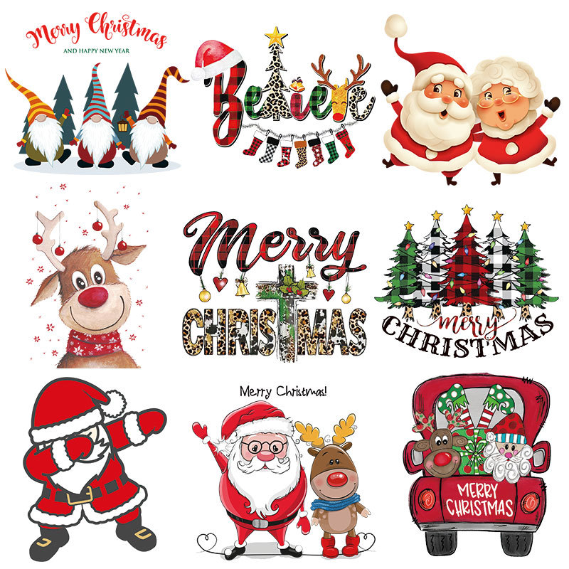 跨境圣诞节热转印贴烫图 衣服贴纸烫花 胶印耐水洗柯式烫画图案