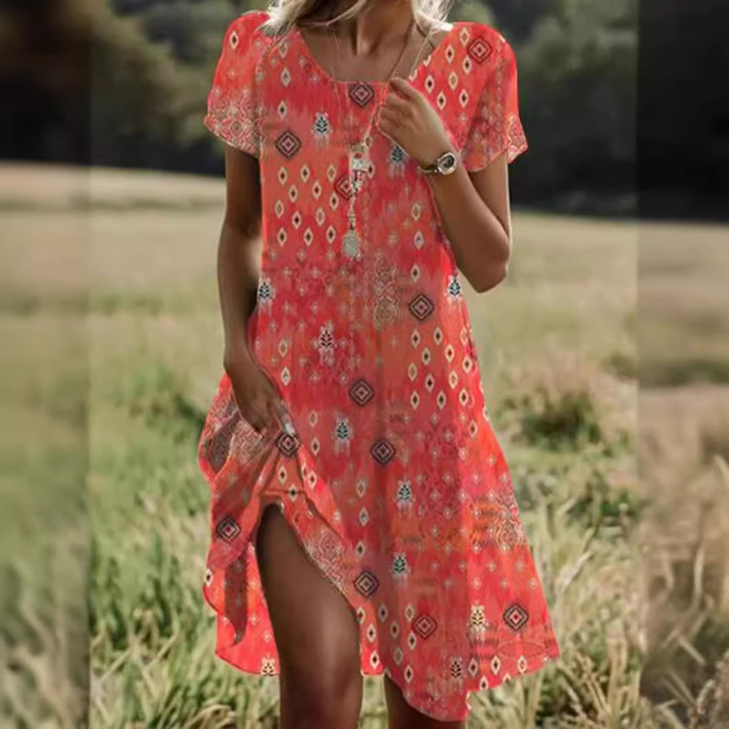 summer ethnic long dress with a round collar