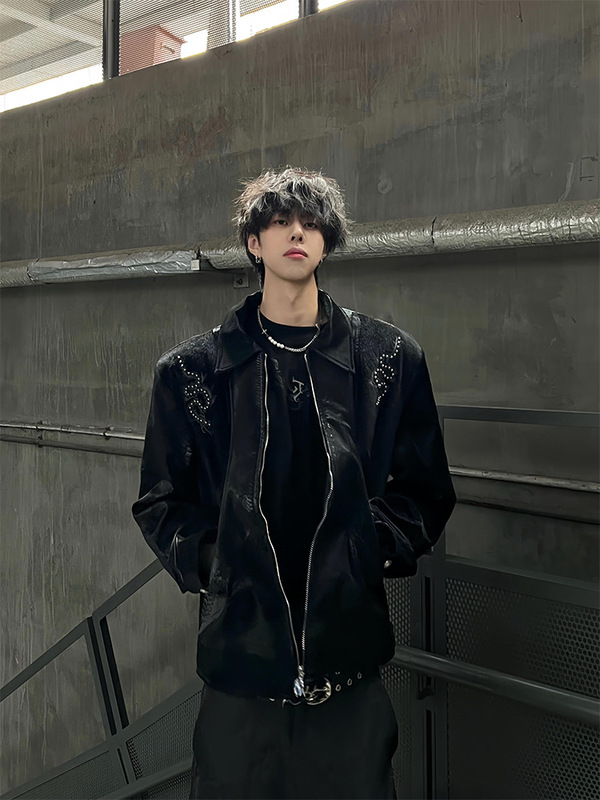 cleanfit蛇瞳脊骨黑色短款外套男款春秋蛇纹拼接铆钉刺绣翻领夹克|undefined