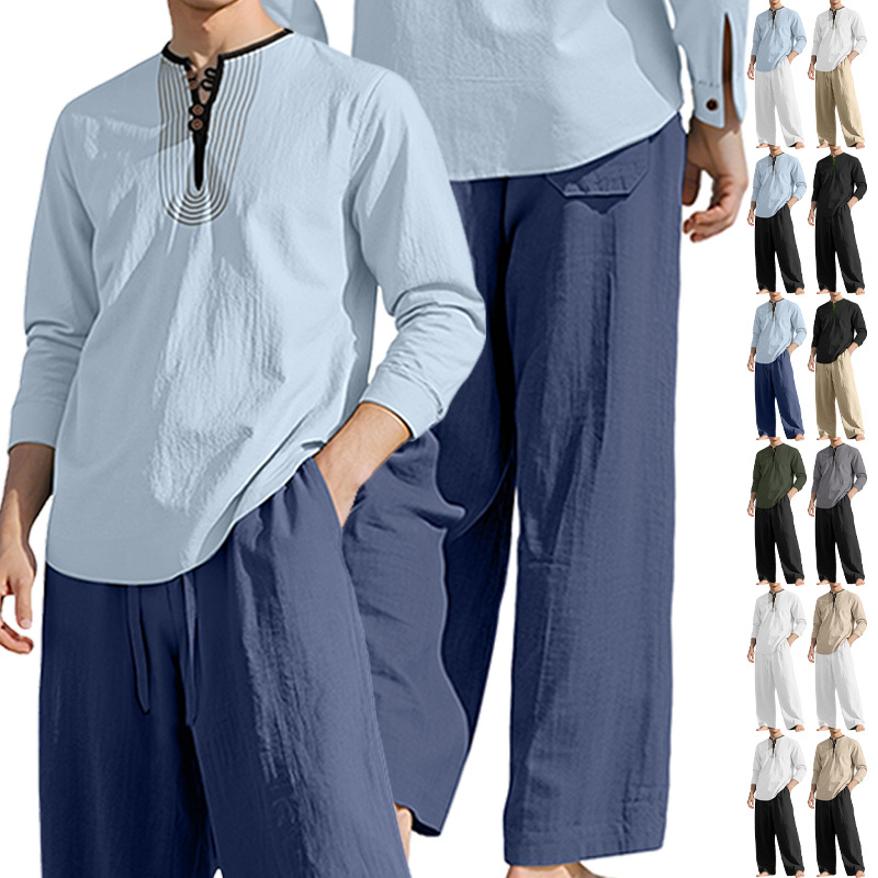 26 fábrica transfronteriza americana cuatro estaciones lino hombre relajado transpirable manga larga camisa de playa set en stock