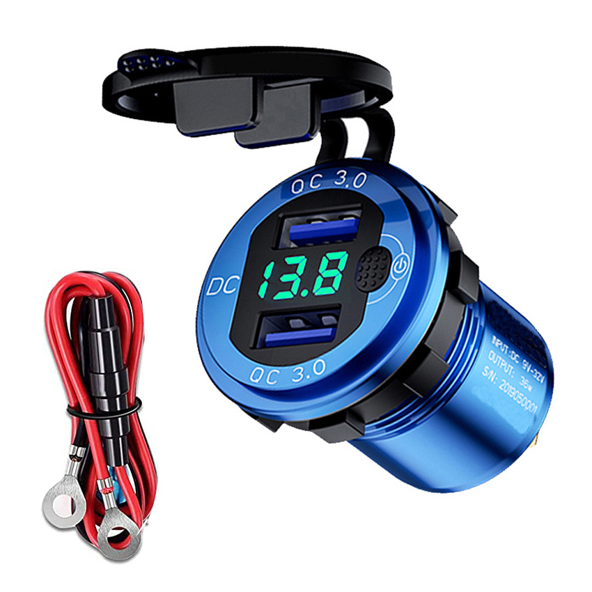 Nuevo coche RV coche modificado aleación de aluminio doble QC3.0 botón electrónico pantalla digital voltímetro Qualcomm carga rápida