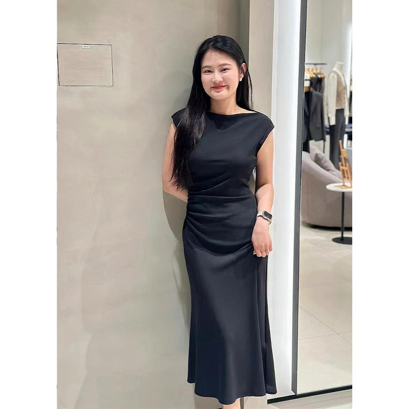 th sleeveless boat collar pleated waist dress 2025 new classic simple black light mature style thin temperament