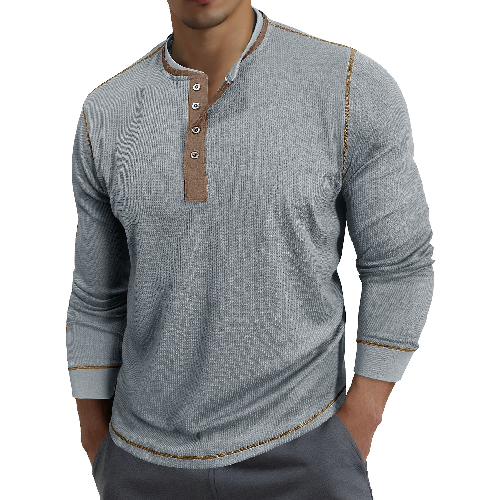 K Men's Round Neck Contrasting Long Sleeved Polo Shirt T-shirt Sweatshirt Retro Base Henley Collar Top_viptrois.com
