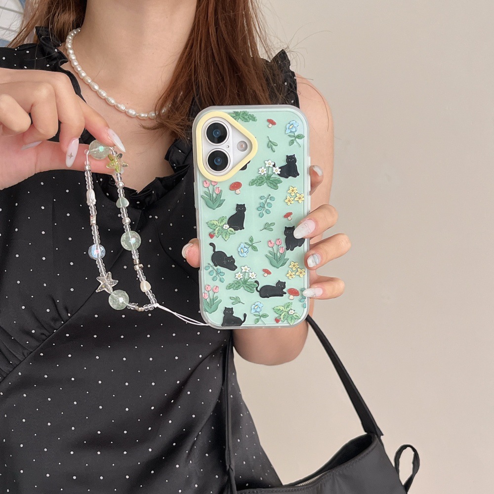 Flores estilo ins lindo pequeño gato negro para iphone16ProMax cadena 15 funda para teléfono móvil Apple 13/14 hembra