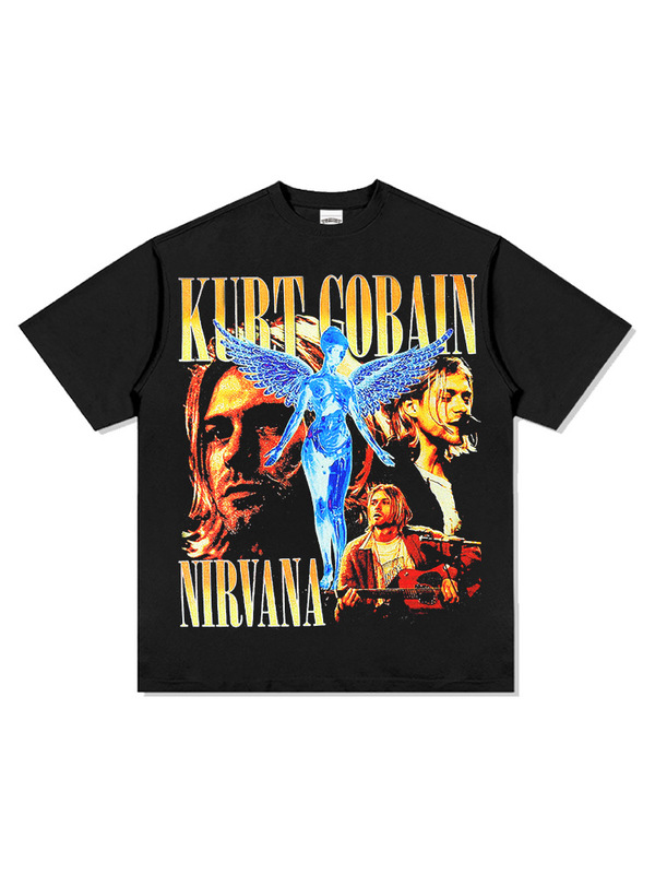 Hooded Sweatshirt Hip-Hop Print Short-Sleeve Nirvana Loose Round-Neck Washed Band Kurt Cobain T-Shirt Character Cotton