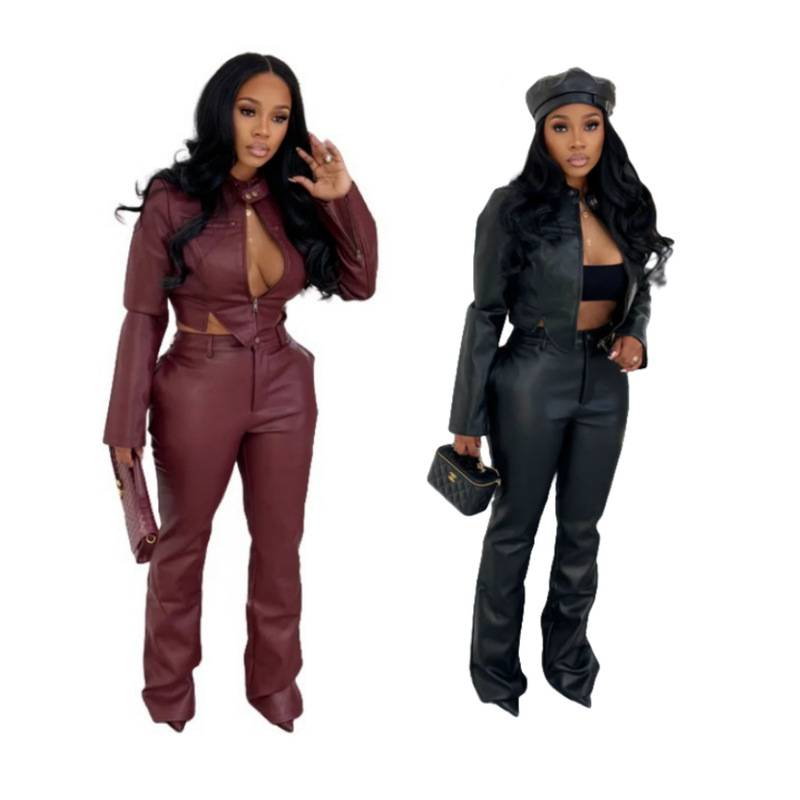 New Long Pants Leather Jacket Elastic Suit 88674 in Stock European and American Cross-Border Hot Sale Fashion Casual Leather Pants Suit