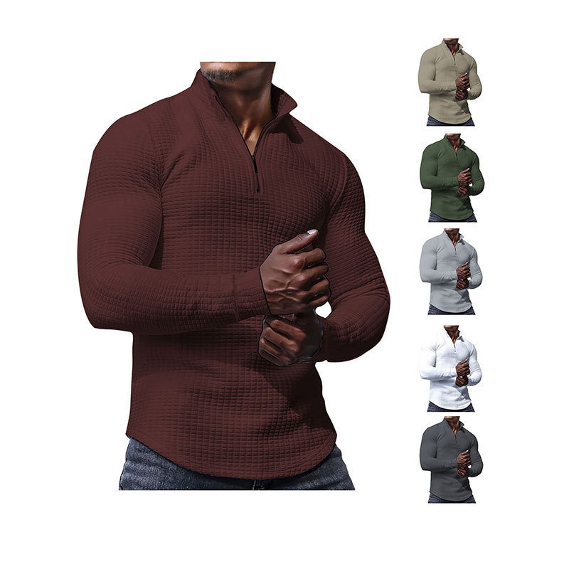 Felpa da uomo monocromatica - Primavera e autunno, a quadri piccoli, con collo alto, mezza zip, maniche lunghe, jacquard, top da uomo alla moda_voghion.com