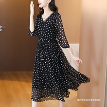 专柜桑蚕丝连衣裙女2025夏新款波点气质优雅阔太太减龄真丝A字裙