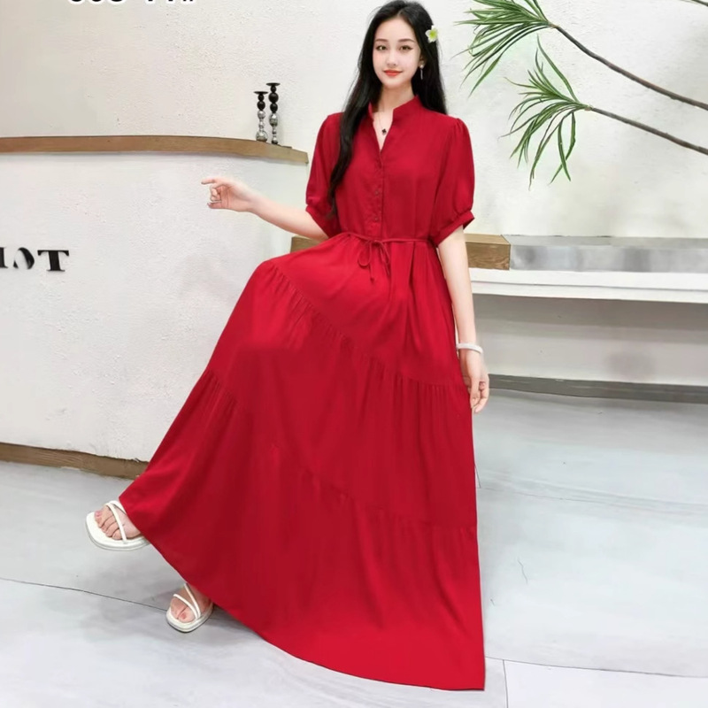 Seaside Skirt Atmosphere Sense Cotton Silk dress Purple Long Large Solid Color Lace-up Waist Holiday Beach Dress