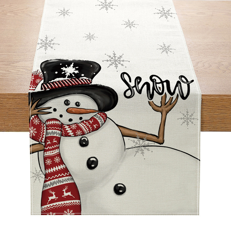 Camino de mesa navideño con estampado de muñeco de nieve y Santa