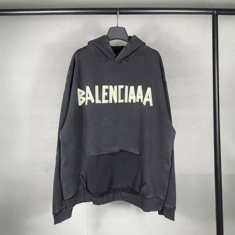 Correct Version of High-Quality B Brand 25Ss Classic Popular Masking Tape Washed and Worn Distressed Hooded Sweatshirt