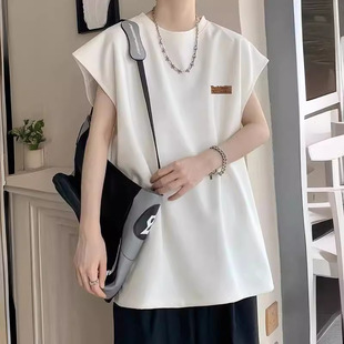 Sleeveless bottoming vest men's summer new fashion brand sports waistcoat short sleeve T-shirt American heavy loose top clothes