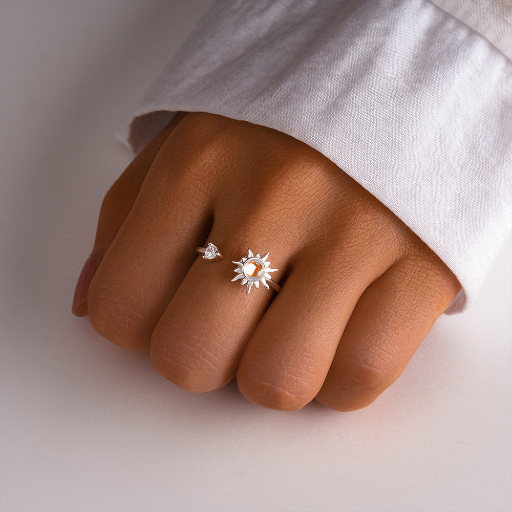 2g Weight Zircon Inlay Material Anxiety Ring, Open Rings Classification Adjustable Ring Size 1 Piece Quantity Daily Occasion 925 Sterling Silver Material Sun, Moon Pattern All Seasons Season Women's Gender Plating, Inlay Design Sweet, Shiny Style 925 Sterling Silver Zircon Sun Moon Open Rings Anxiety Ring 925 Sterling Silver Rings 19