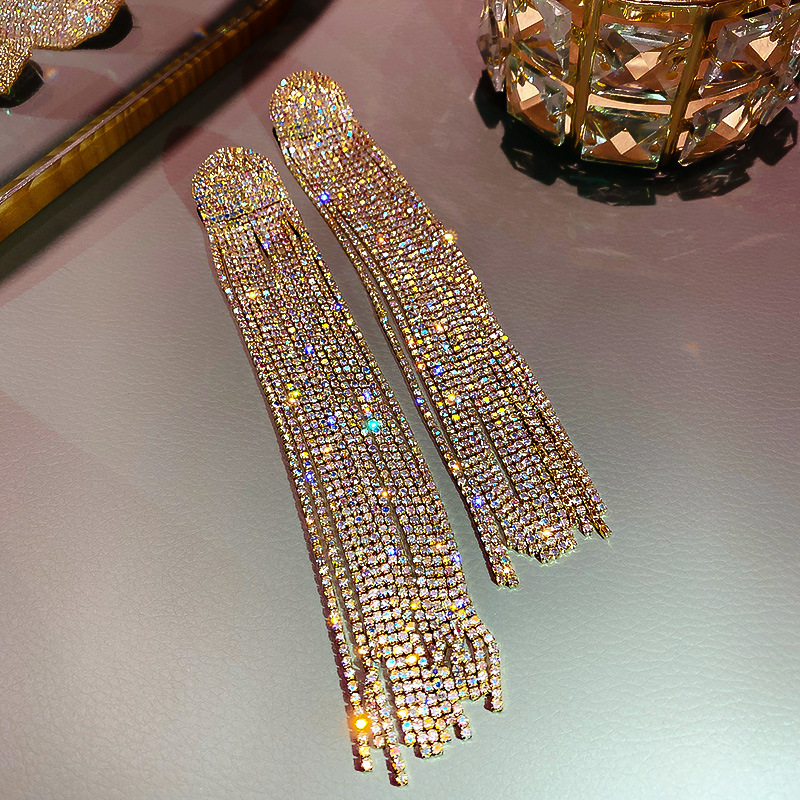 Wedding, Banquet Occasion Alloy Material 1 Pair Glam Shiny Tassel Inlay Alloy Rhinestones Drop Earrings