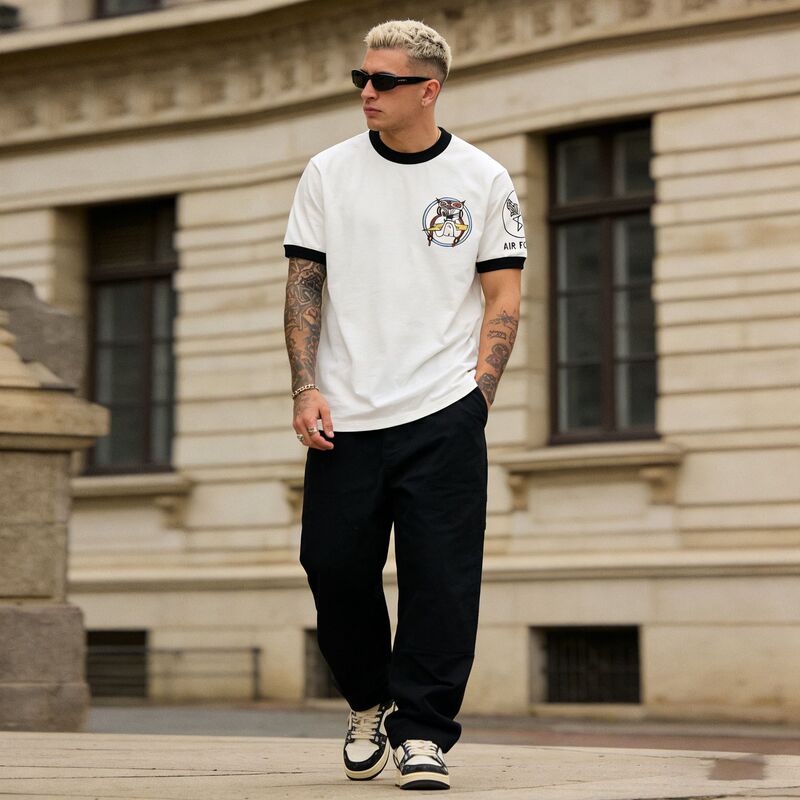 Okonkwo 230g 2021 Military Ami Khaki Air Force Color Matching Threaded Short-Sleeved T-Shirt Retro Collarless Tee