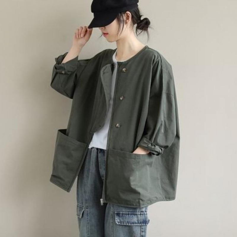 Plus Size Women's Windbreaker Large Pocket Casual Loose Long Sleeve Top Women's Shirt Short Jacket Women's Spring and Autumn Wear