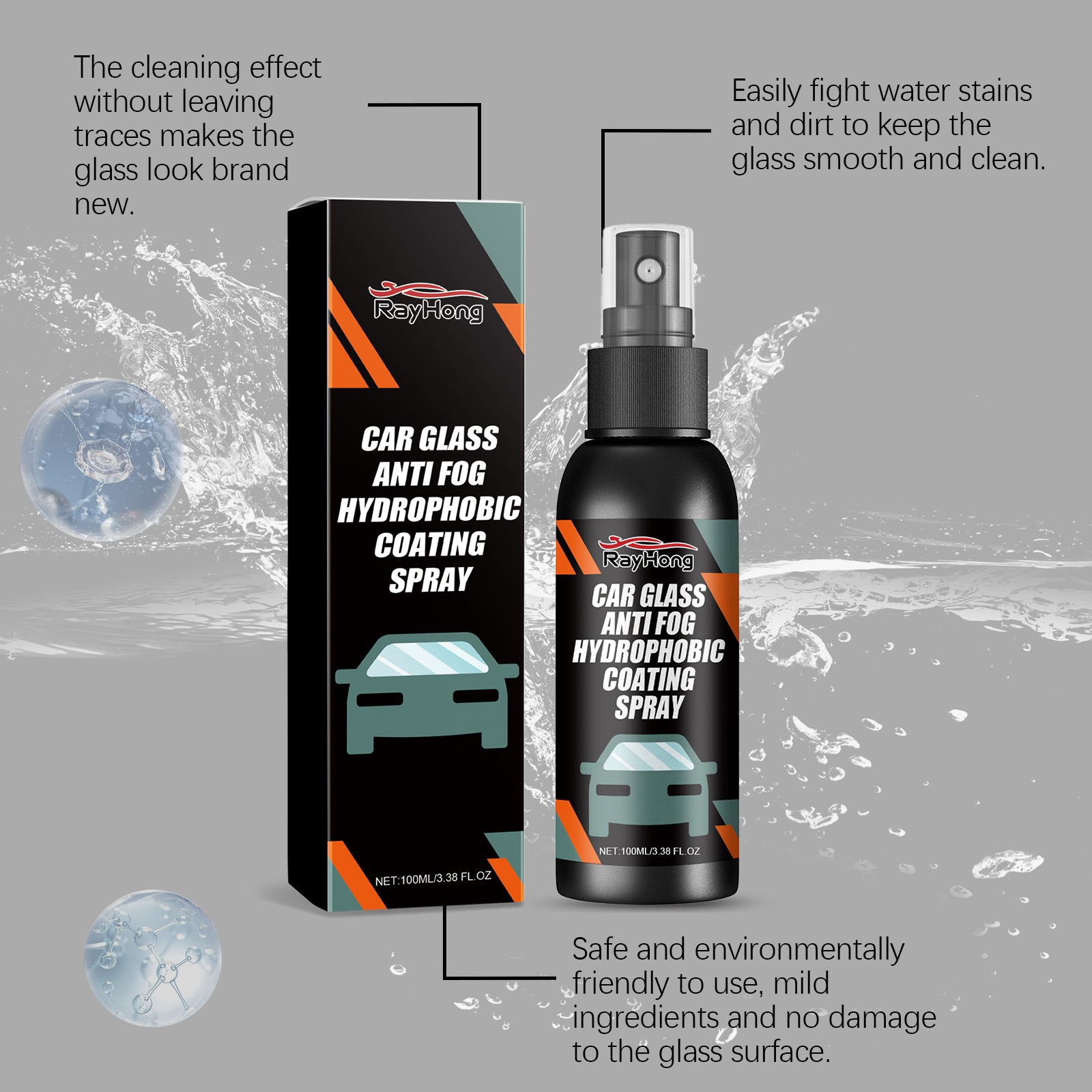 Rayhong Car Windshield Spray, Rearview Mirror Windshield Cleaning Stain Remover, Water Repellent and Anti-Fog Agent
