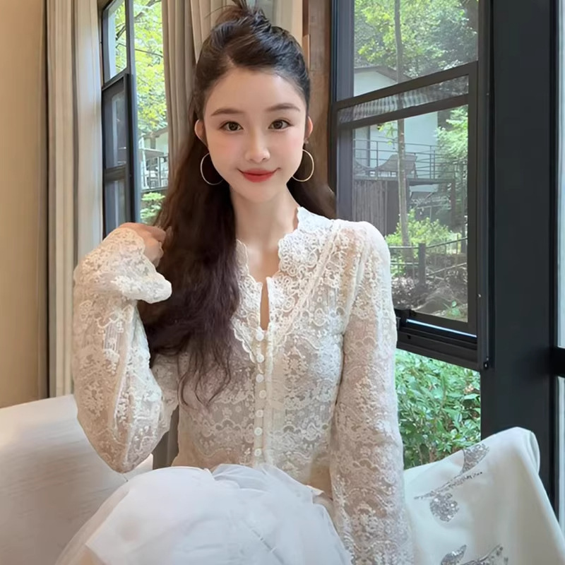 Spring and Summer New French Lace Sunscreen Hollow-Out Top Versatile Heavy Embroidery V-Neck Air-Conditioned Room Shirt Cardigan for Women Spring and Summer New French Lace Sunscreen Hollow-Out Top Versatile Heavy Embroidery V-Neck Air-Conditioned Room Shirt Cardigan for Women