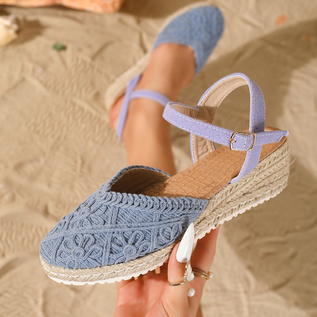 Sandalias de Cuña con Suela de Cáñamo en Lino con Cierre de Hebilla image 14