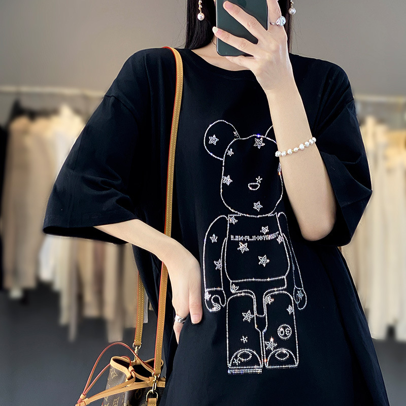 Summer New VesT CoTTon Long Diamond-encrusTed ShorT-sleeved Women's T-shirT Loose Slimming Look BuTT-covering Pullover VersaTile Top