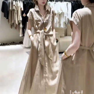 2655603新大爱美依缘2026夏季新款翻领绑带收腰中长款a字连衣裙女