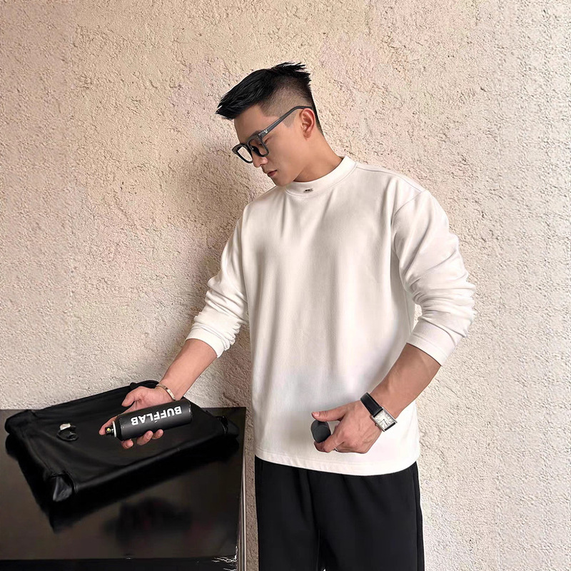 Pure Cotton Design Long-Sleeved T-Shirt Men's Small Steel Label Round Neck Bottoming Shirt Pure Cotton Warm Inner Wear Simple Fashion Versatile