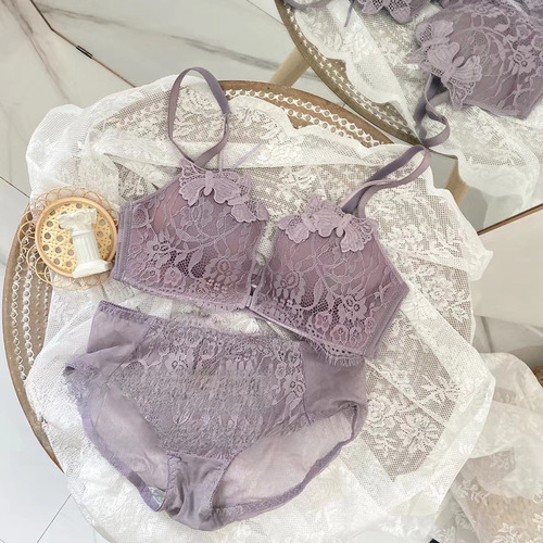 French-style front-closure bra set for women, small cup, shaping, no underwire, sexy lace edge, adjustable bra set