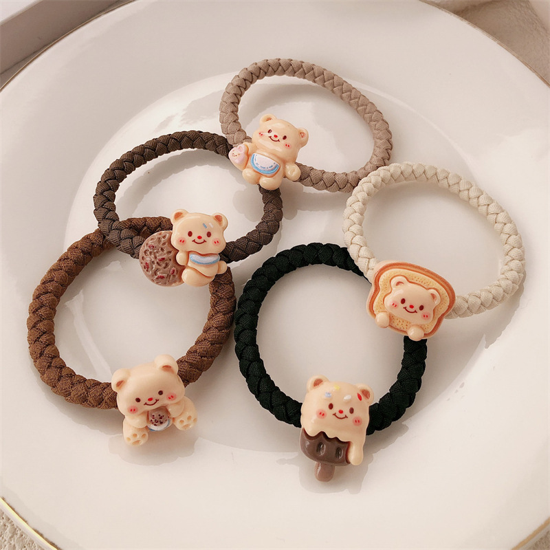 Caricatura encantadora crema oso anillo de cabello de alta elasticidad engrosado oso correa de cabello cuerda de cabello de cola de caballo accesorios para el cabello