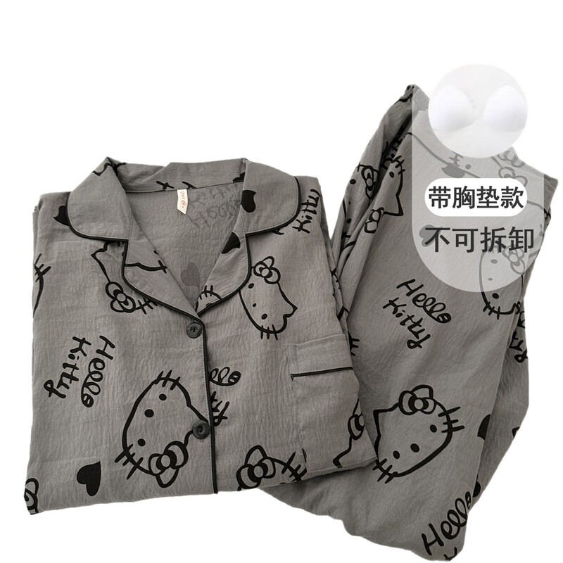 带胸垫黑灰色KT猫睡衣女款春秋季纯棉纱布长袖可爱学生少女家居服|undefined
