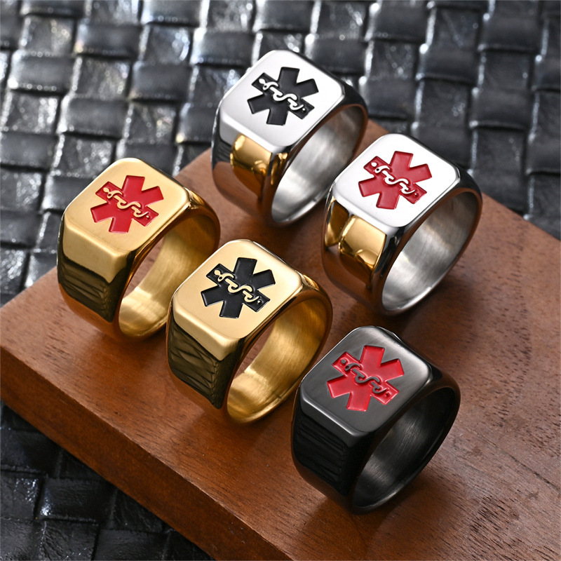 Huayue Cross-Border Hot-Selling Personalized Men's Snake Staff Star 304 Stainless Steel Ring with International First Aid Symbol