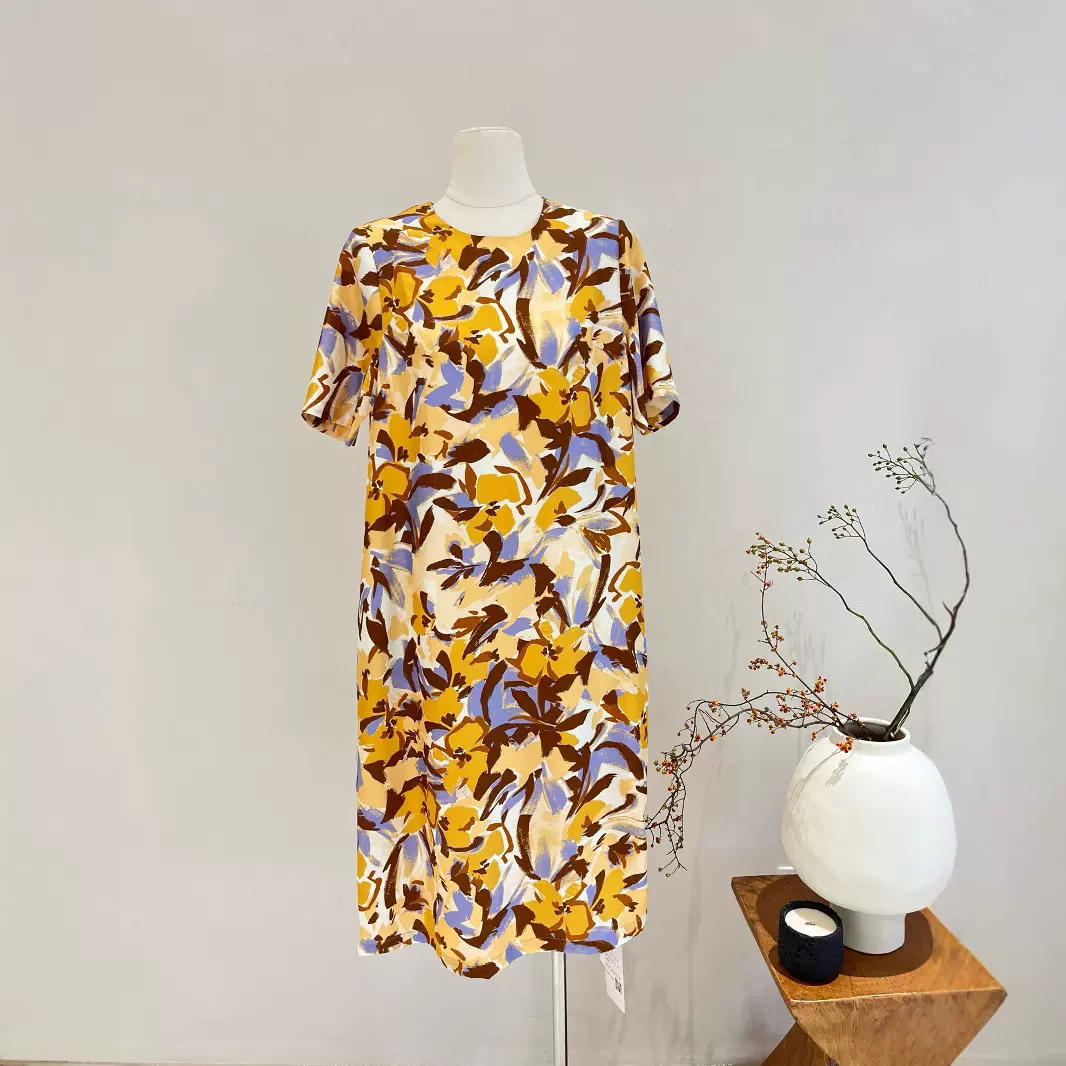 短袖真丝连衣裙女2025春夏新款直筒通勤印花斜纹绸100%桑蚕丝裙子