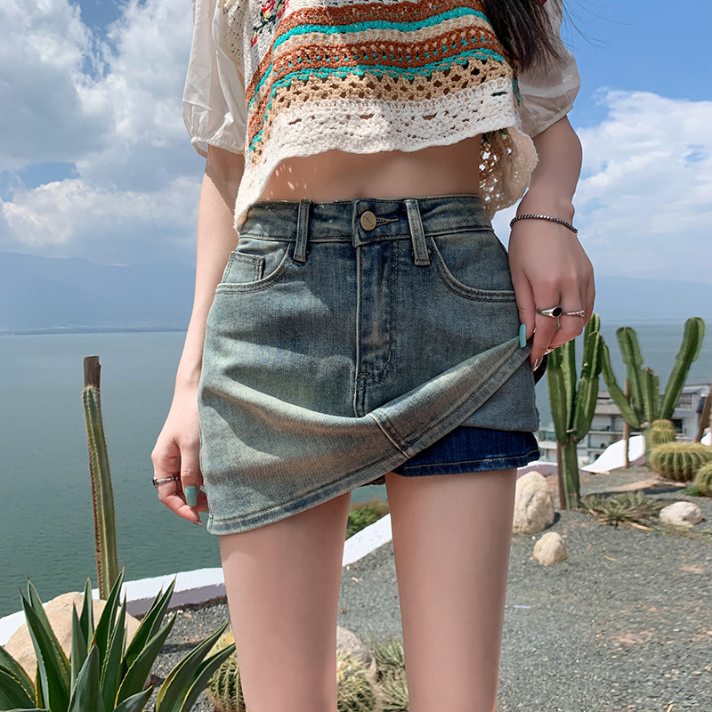 Elastic summer denim skirt, universal protective underware, hip-accented