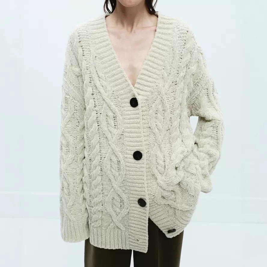 冬季复古绞花针织外套女 2025新款慵懒宽松v领中长款女式针织上衣