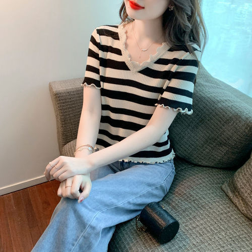 Designer-style minority black fungus V-neck striped knit women's summer unique ice silk short-sleeved thin top