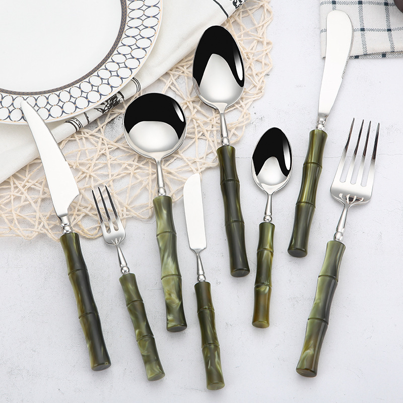 304 Stainless Steel Acrylic Bamboo Handle Knife, Fork, and Spoon Set, Light Luxury Western Tableware, High-End Steak Knife, Fork, and Spoon for Home Use