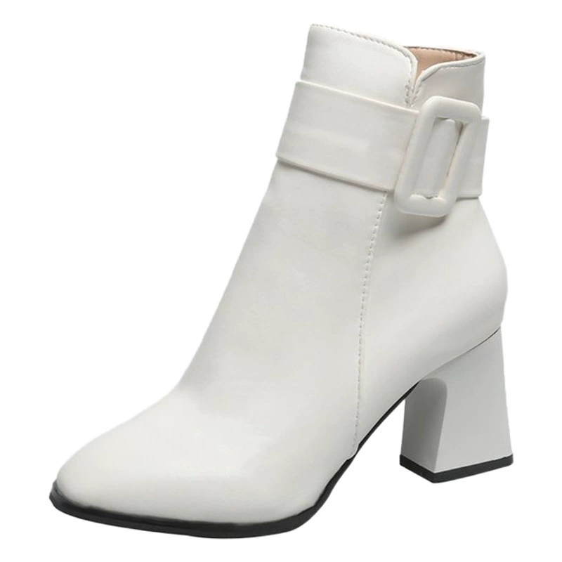 Женские сапоги, зимние новые женские кожаные сапоги, женская обувь, искусственные короткие плюшевые короткие женские сапоги с квадратным каблуком из искусственной кожи, круглый носок, молния сбоку