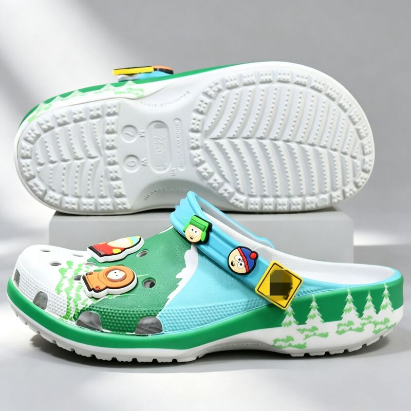 Kajia's new South Park collaboration collection: toe-cap sandals, beach sandals, and clogs, available in unisex styles for outdoor wear