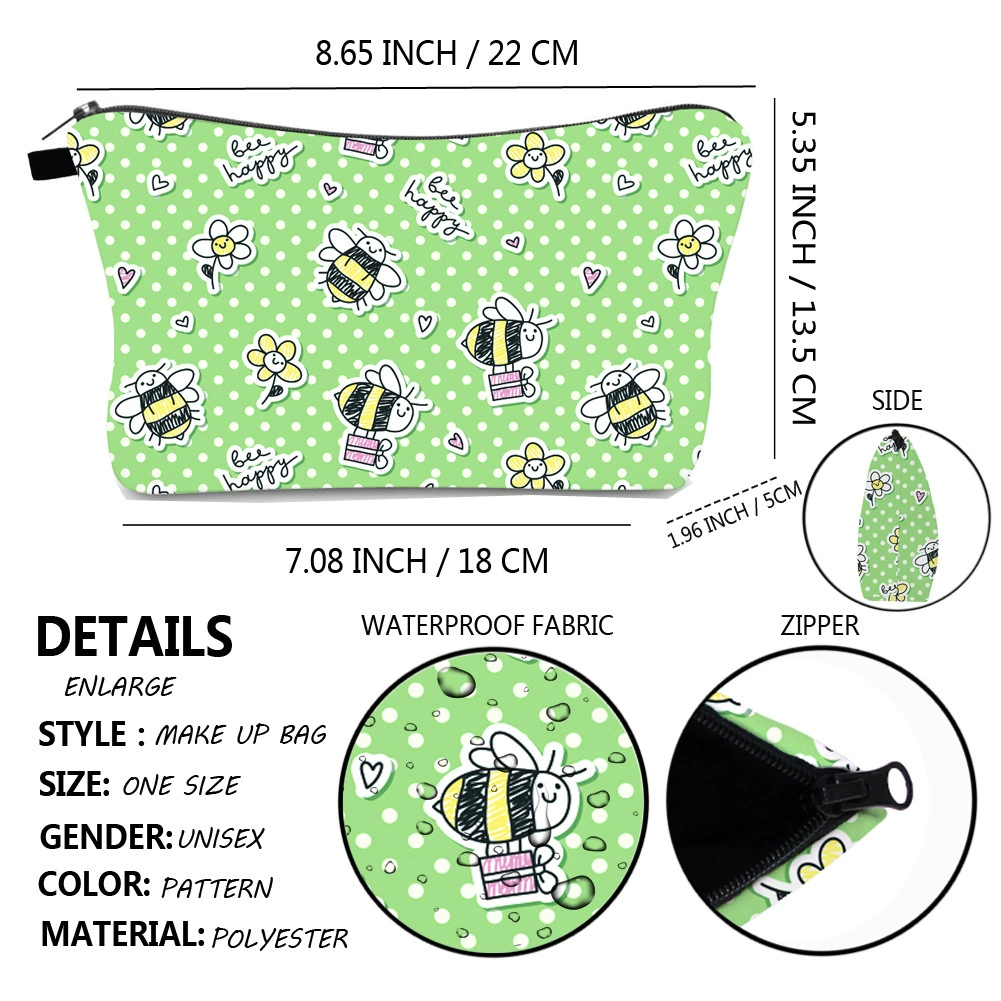 Water repellent cosmetic bag, chain with zipper, storage system, travel bag