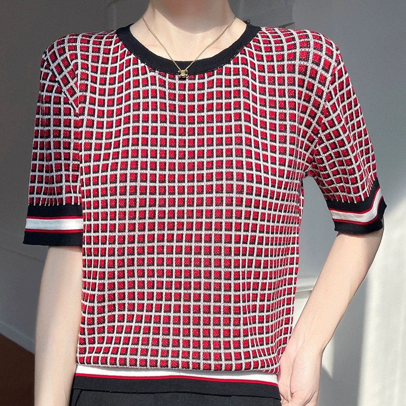 100 хлопчатобумажных трикотажных рубашек с короткими рукавами женская летняя новая мода дикая маленькая клетчатая футболка удобная дышащая нижняя рубашка