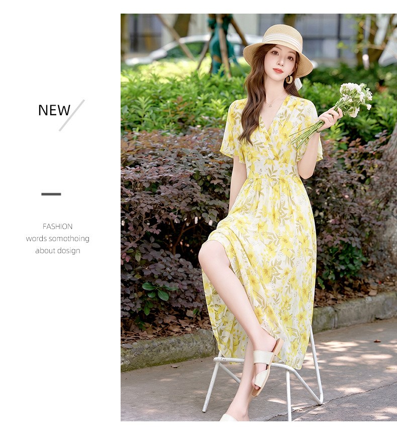 Đầm maxi nữ thắt eo họa tiết hoa nhí cổ V xếp ly tay ngắn — xanh lam, Màu hồng, màu vàng chi tiết 19