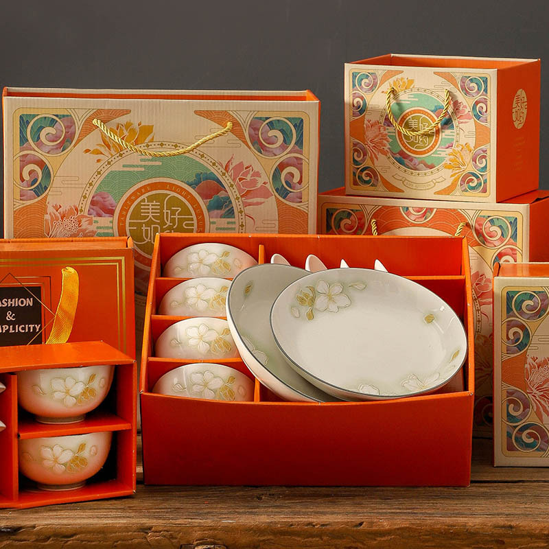 cubiertos de estilo japonés frescos bajo esmalte de cerámica de color platos de cajas de regalo set de eventos comerciales de apertura de regalo de regalo tazón