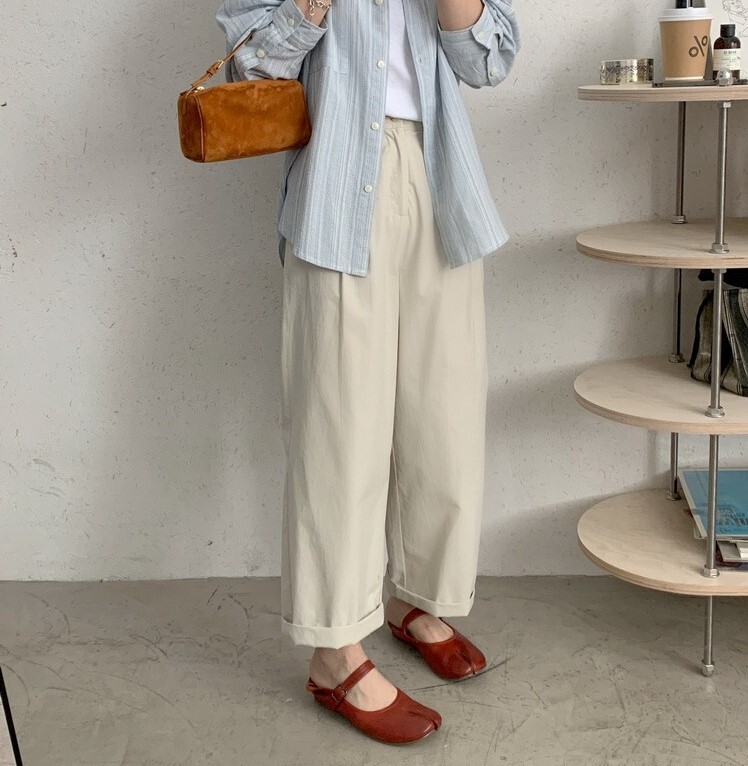 Milk Apricot Tonal Half-elastic Waist Slim-fit Loose Cream Pants Ankle-length Pants Washed Cotton Pants